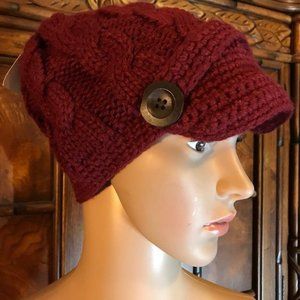 Hand Knitted Burgundy Cable Knit Newsboy w/Visor & Wood Buttons